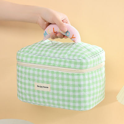 Custom logo Macaron gekleurde katoenen plaid make-up zak voor draagbaar reizen en opslag
