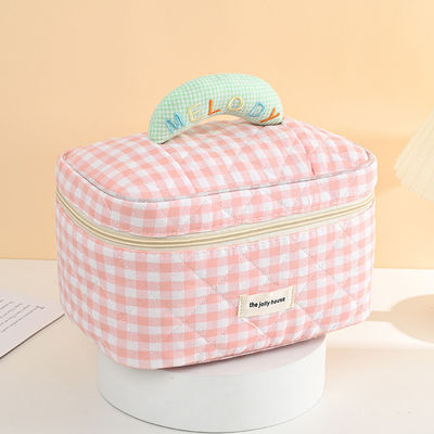 Custom logo Macaron gekleurde katoenen plaid make-up zak voor draagbaar reizen en opslag