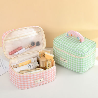 Custom logo Macaron gekleurde katoenen plaid make-up zak voor draagbaar reizen en opslag