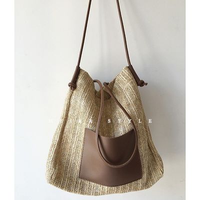 Polyester voering handgemaakte geweven stro zak grote Tote schouder crossbody zak voor vrouwen