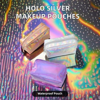 PU cosmetische tas Custom logo holografisch zilver paars waterdicht ritszak rozen goud make-up tas mode