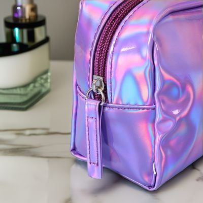 PU cosmetische tas Custom logo holografisch zilver paars waterdicht ritszak rozen goud make-up tas mode