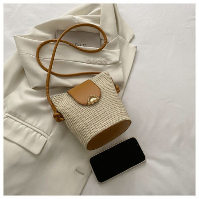 Summer Style Designer Handgemaakte Ronde Straw Woven Beach Bucket Bag voor Vrouwen Handtas