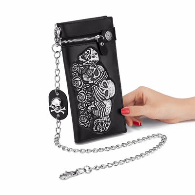 Modieus Rozen Schedel Anti-Diefstal Ketting Strip Korte en Lange Wallet Lederen Punk Wallet