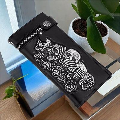 Modieus Rozen Schedel Anti-Diefstal Ketting Strip Korte en Lange Wallet Lederen Punk Wallet