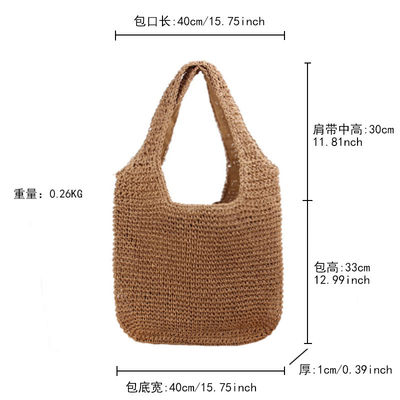 Handgeweven stro-totezak met één schouder voor vrouwenreizen en uitgaande strandcasual