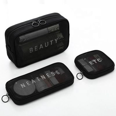 Solid Pattern Type Nylon Mesh Toiletten Make-up Cosmetic Bag Set met Custom Letters Logo