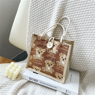 Gepersonaliseerde mooie cartoon beer gedrukt plain katoen canvas boodschappen doen Jute Tote zak