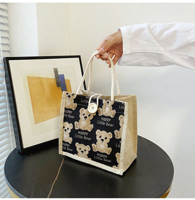 Gepersonaliseerde mooie cartoon beer gedrukt plain katoen canvas boodschappen doen Jute Tote zak