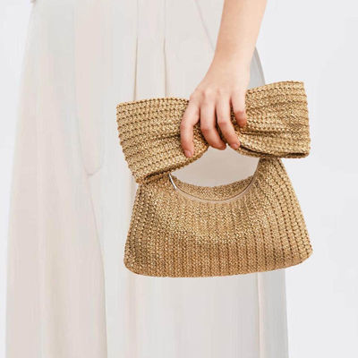 Winkelwagen op maat Vrouwen Boog Straw Geweven Strand Raffia Clutch Handtas Casual Tote