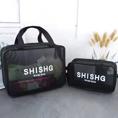 Custom Simple Nylon Mesh Make-up Bag voor toilet- en cosmetische opslag in zwarte kleur