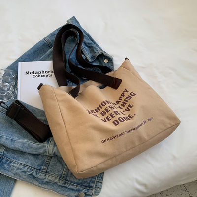 Gepersonaliseerde logo brief katoenen doek Tote zak met polyester bekleding en grote capaciteit
