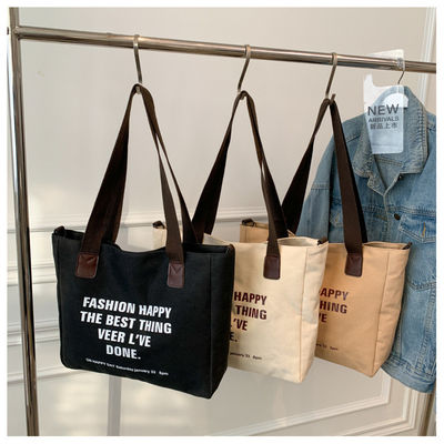 Gepersonaliseerde logo brief katoenen doek Tote zak met polyester bekleding en grote capaciteit