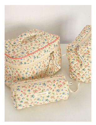 Lichte Blauwe Gingham Make-up Bag voor Vrouwen Schattig Reis Kleine Bloemen Cosmetische Tas