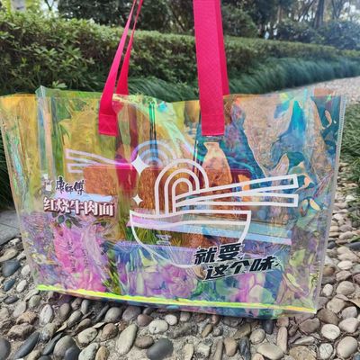 Duidelijke winkeltas Transparent gelatine laser Iriscente PVC Tote Bag Met Geprinte Custom Logo