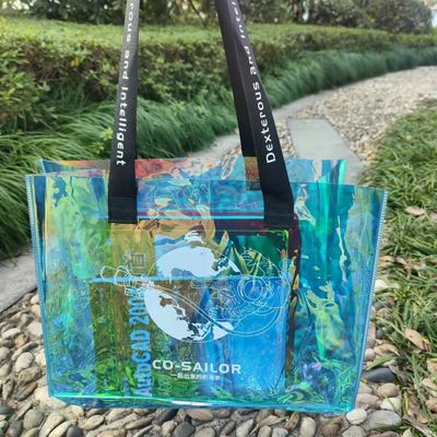 Duidelijke winkeltas Transparent gelatine laser Iriscente PVC Tote Bag Met Geprinte Custom Logo