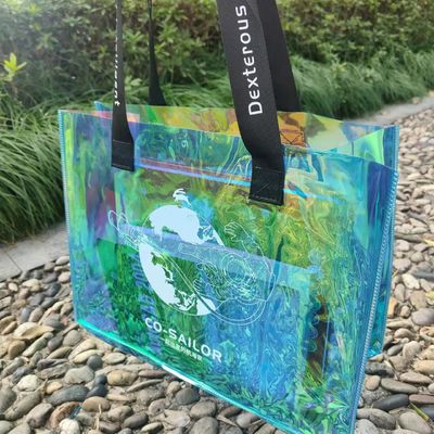 Duidelijke winkeltas Transparent gelatine laser Iriscente PVC Tote Bag Met Geprinte Custom Logo