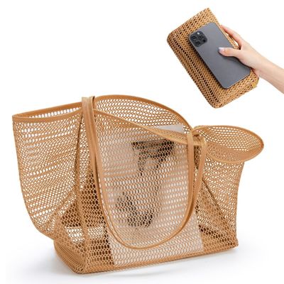 Herbruikbare mesh strandtas Custom grote capaciteit schoudertas voor vrouwen buiten reizen