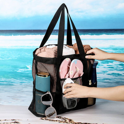Custom Logo Zwarte Schelp Collectie Grote Nylon Draagbare Mesh Beach Tote Bag voor vrouwen