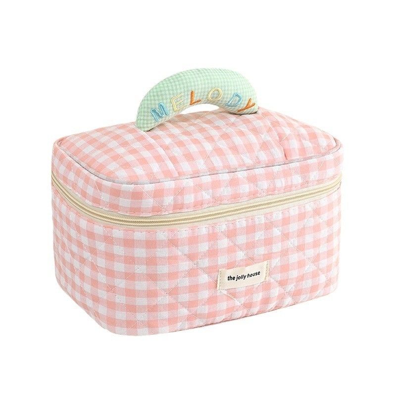 Custom logo Macaron gekleurde katoenen plaid make-up zak voor draagbaar reizen en opslag