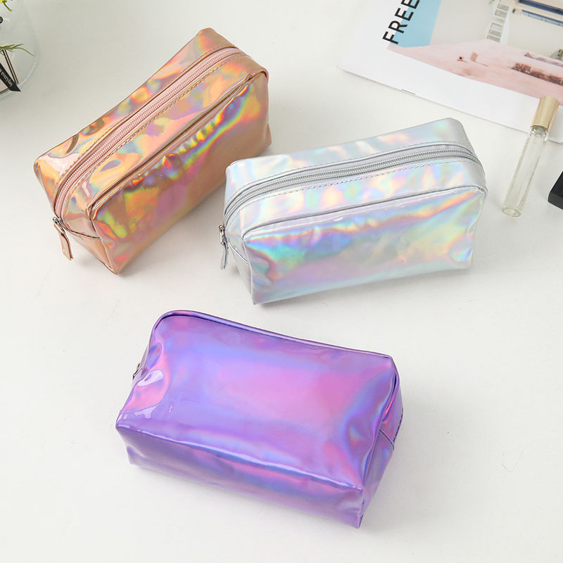 PU cosmetische tas Custom logo holografisch zilver paars waterdicht ritszak rozen goud make-up tas mode