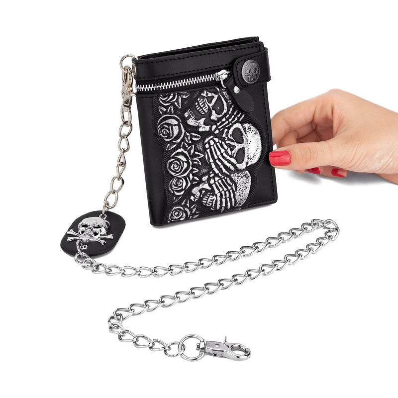 Modieus Rozen Schedel Anti-Diefstal Ketting Strip Korte en Lange Wallet Lederen Punk Wallet