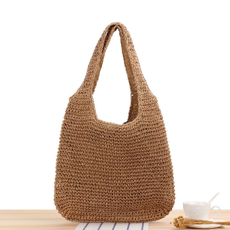 Handgeweven stro-totezak met één schouder voor vrouwenreizen en uitgaande strandcasual