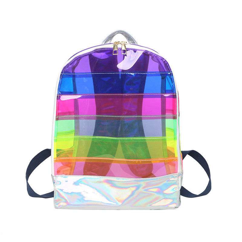 Stijlvolle transparante PVC-rugzak voor vrouwen Jelly Strip Stitching Rainbow Hologram voor dagelijks