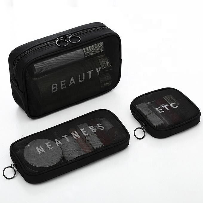 Solid Pattern Type Nylon Mesh Toiletten Make-up Cosmetic Bag Set met Custom Letters Logo