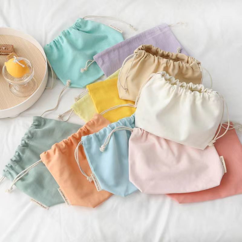 Custom Candy Color Recycle Organic Cotton Canvas Fabric Drawstring Bag voor verpakking