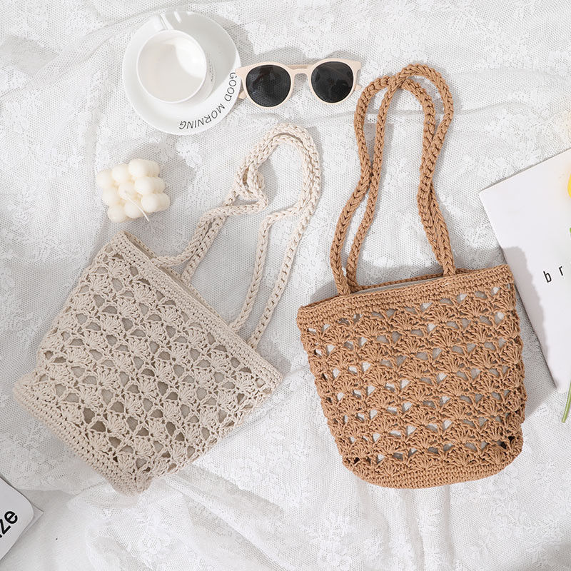 Eenvoudige Casual Lady Summer Straw Handmade Bucket Bag voor Vrouwen Strand Vakantie Schoudertas