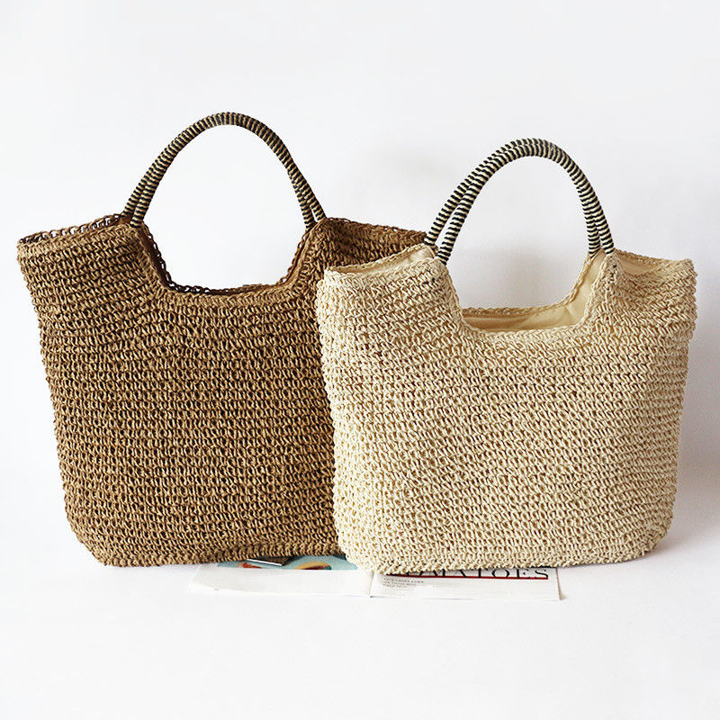 Polyester voering materiaal handgemaakte vrouwen stro schoudertas voor zomer strand grote tote tas