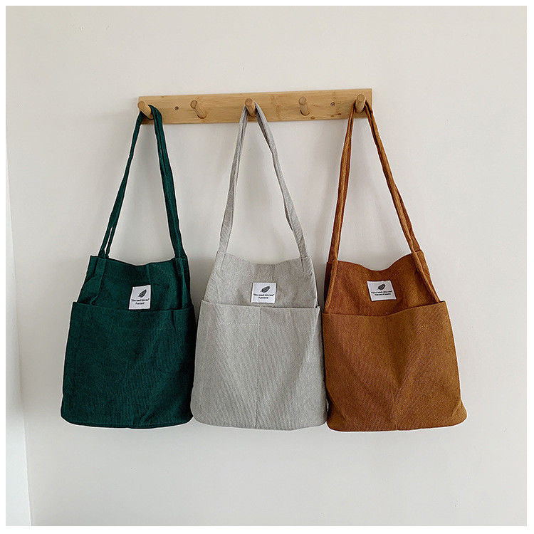 Modieus Groot Custom Logo Letter Print Cotton Tote Bag Solid Color Corduroy Canvas Bag